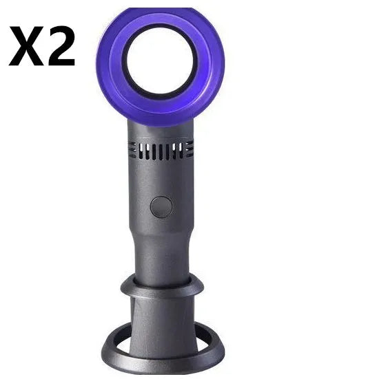 A portable bladeless desk fan with a modern design, shown on its base with a USB cable, available in multiple colours.