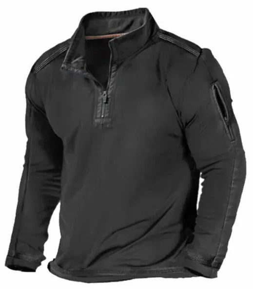 Men's grey zip-front stand collar long-sleeved polyester sweater laid flat.