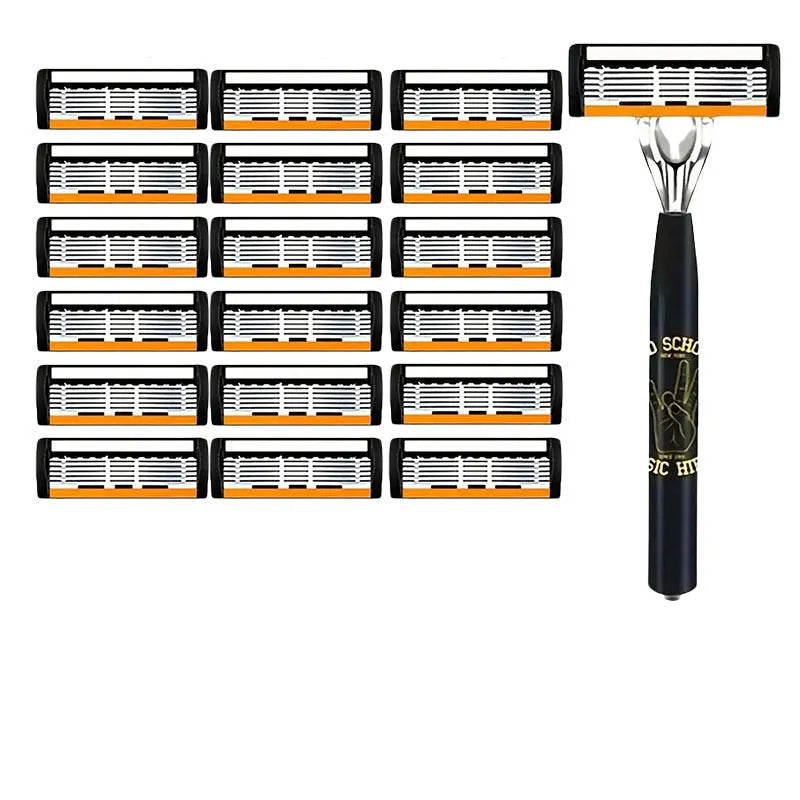 Black six-layer finger handle for manual shaver holder with assorted blade packs.