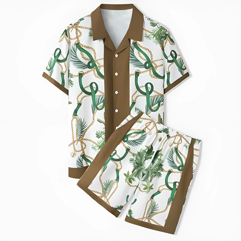 Plaid print beach outfit set comprising a short sleeve shirt and matching shorts on a mannequin