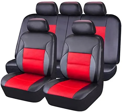 Artificial leather car seat cover set in black, showing front seat and headrest covers with hook fasteners.