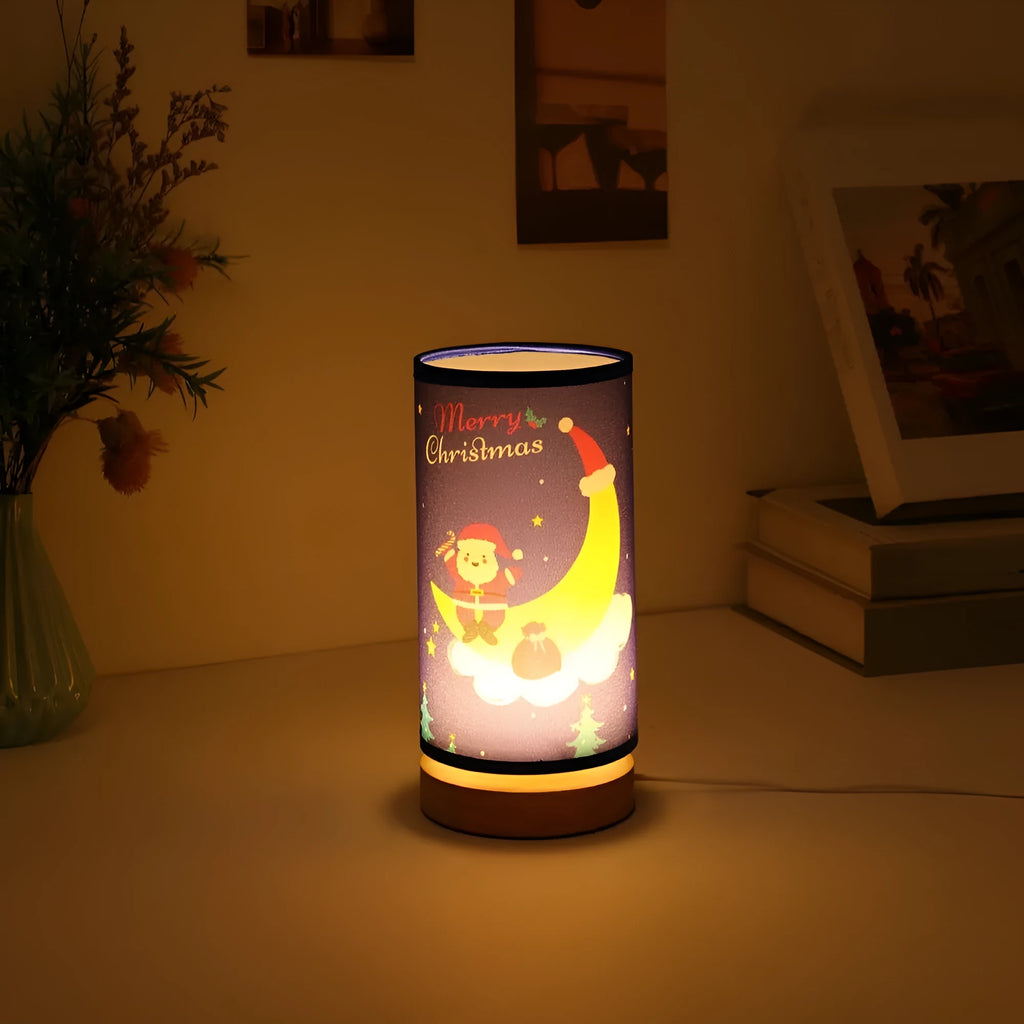Moon Santa Claus themed LED night light with USB plug and bamboo lamp holder.