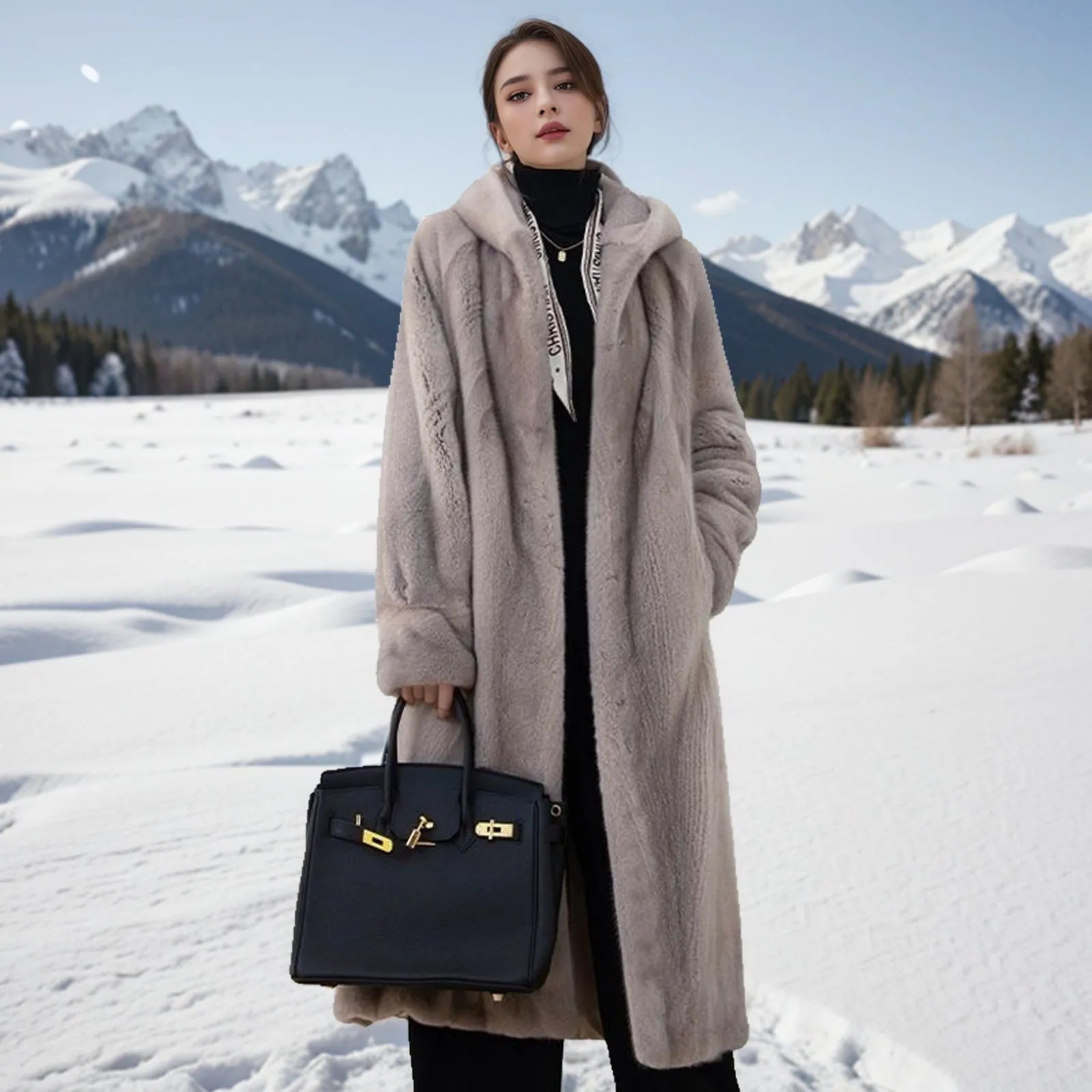 Women's plus size long faux fur coat in brown leopard print pattern with 100cm length