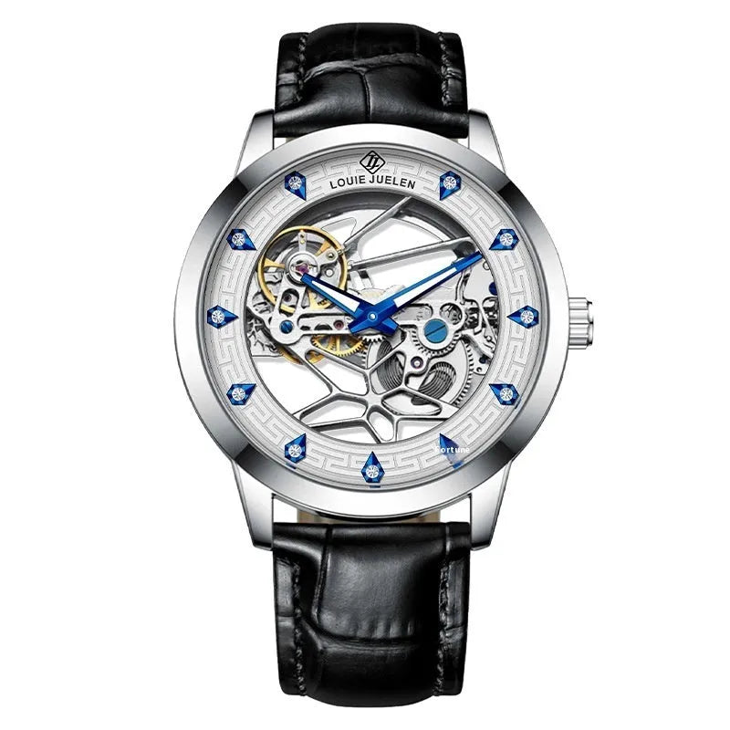 Men's silver case mechanical watch with white face, blue hands, black genuine leather strap and stainless steel butterfly buckle