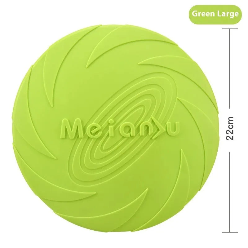 Soft rubber dog frisbee flying disc toy shown in blue, available in small, medium, and large sizes.