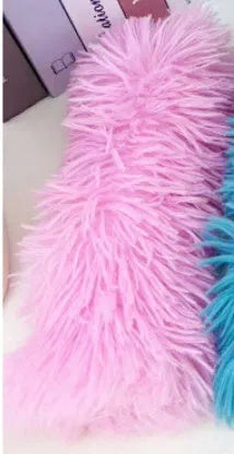 Soft plush cat toy pillow in blue, green, pink, or white, measuring 27cm long by 10cm wide