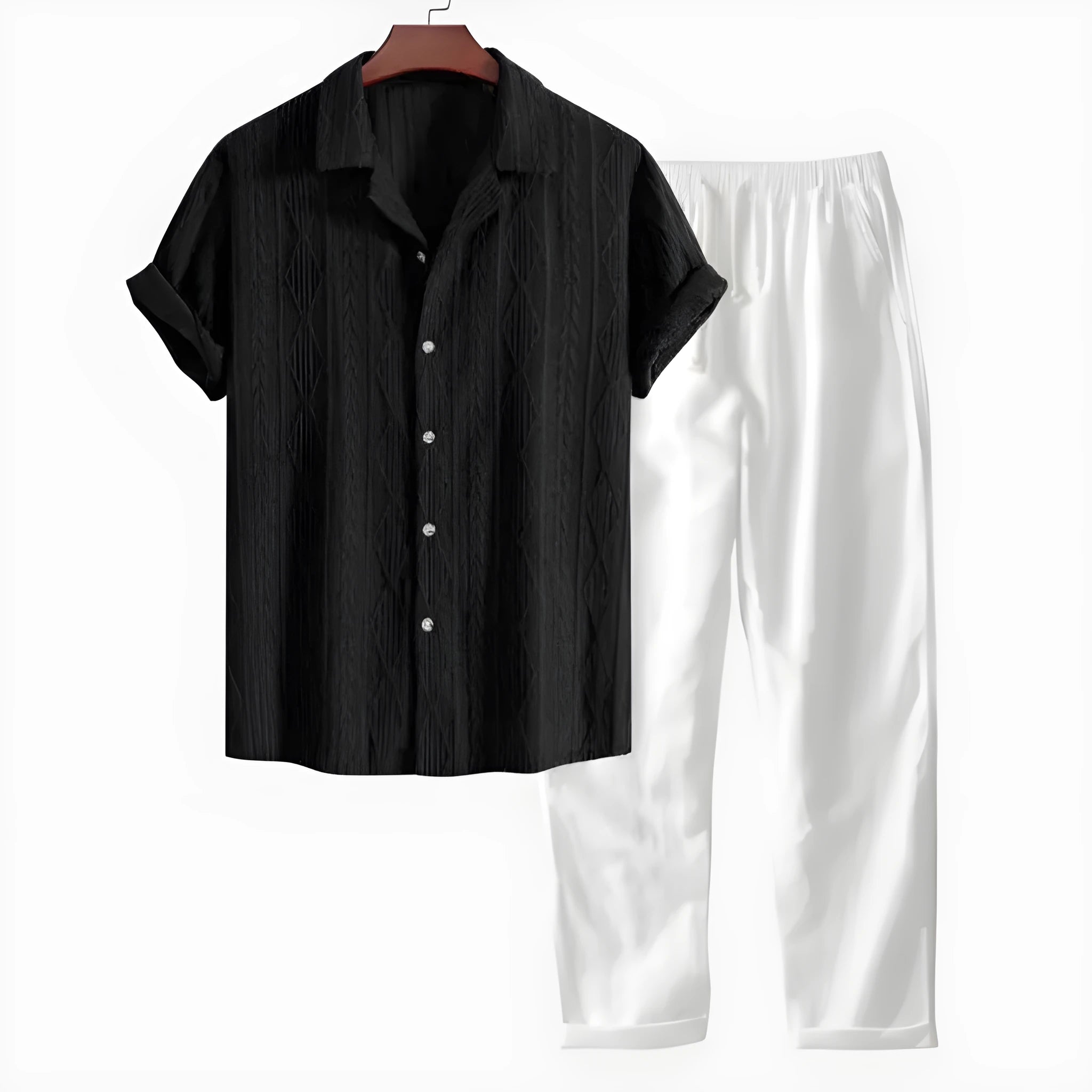 Men's slim fit casual suit set with digital camouflage print on short sleeve shirt and matching trousers