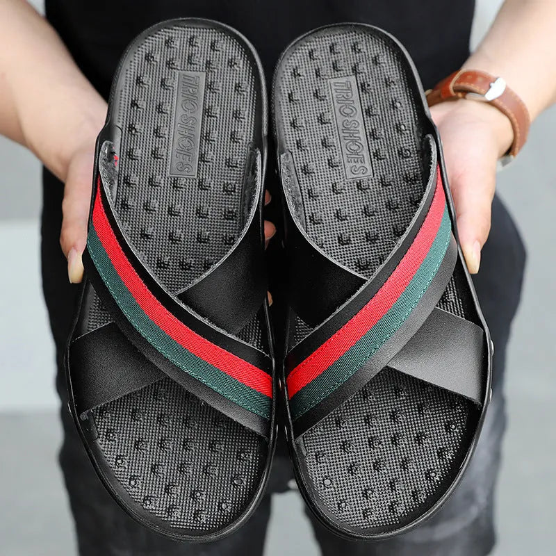 Men's cowhide leather beach sandals with a non-slip PU sole in black, blue, or white.