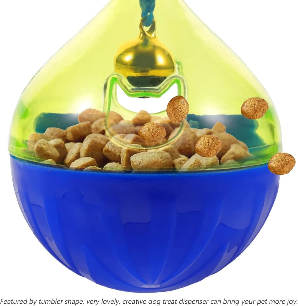 Interactive pet treat dispenser tumbler toy for dogs and cats showing rolling ball design
