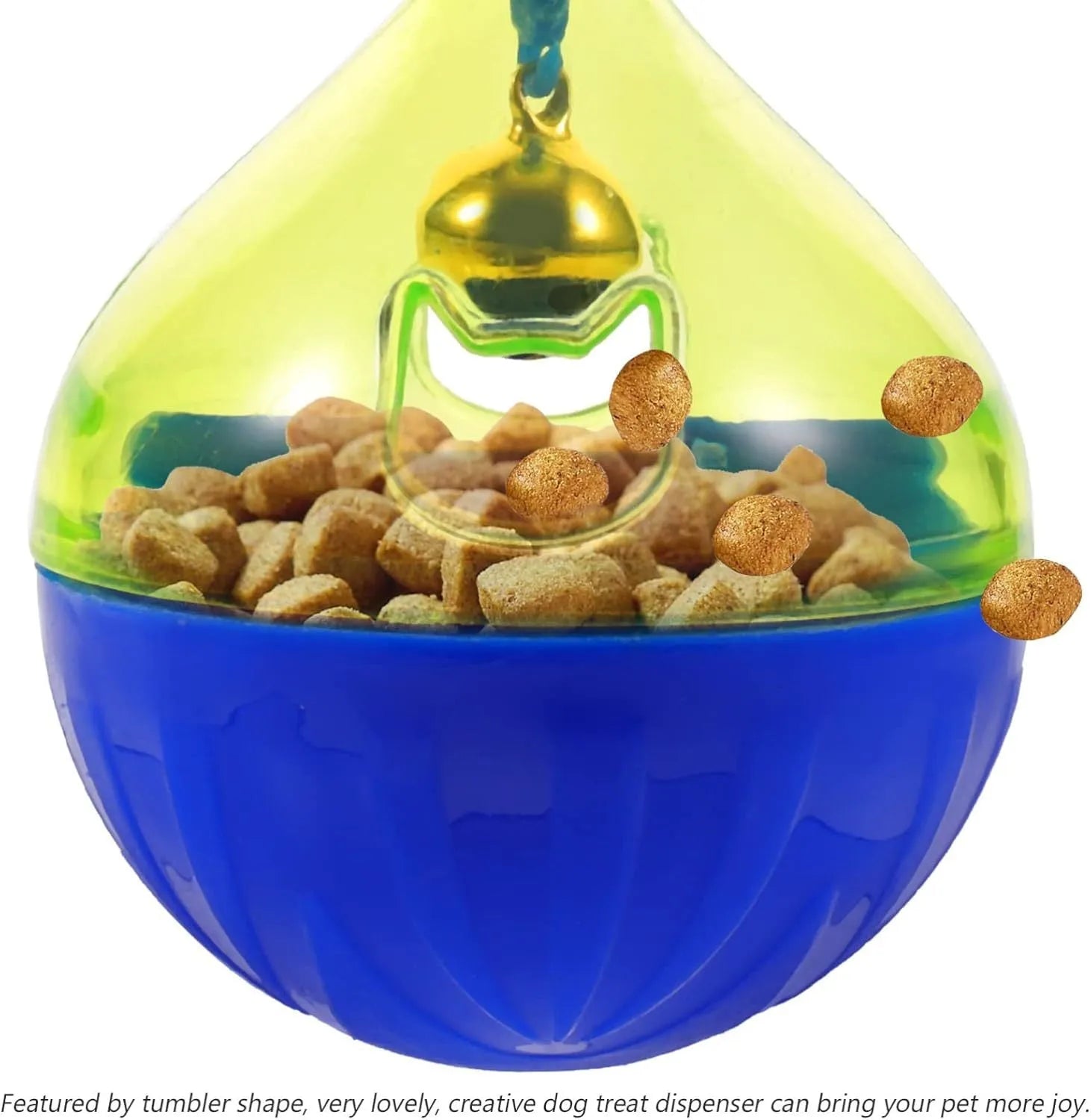 Interactive pet treat dispenser tumbler toy for dogs and cats showing rolling ball design