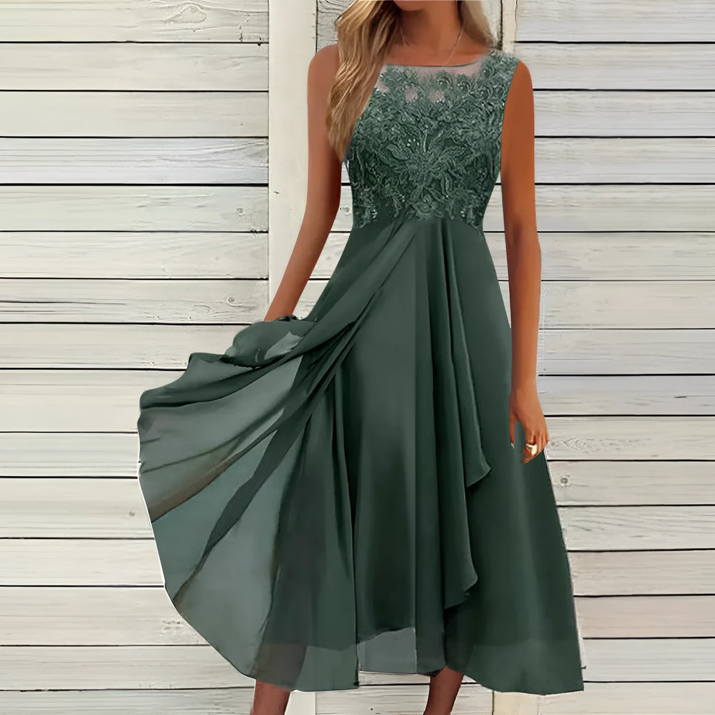Women's sleeveless green chiffon dress with lace hollow-out detailing and mid-length princess skirt