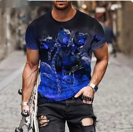 Men's grey t-shirt with dimensional 3D lion graphic print on front