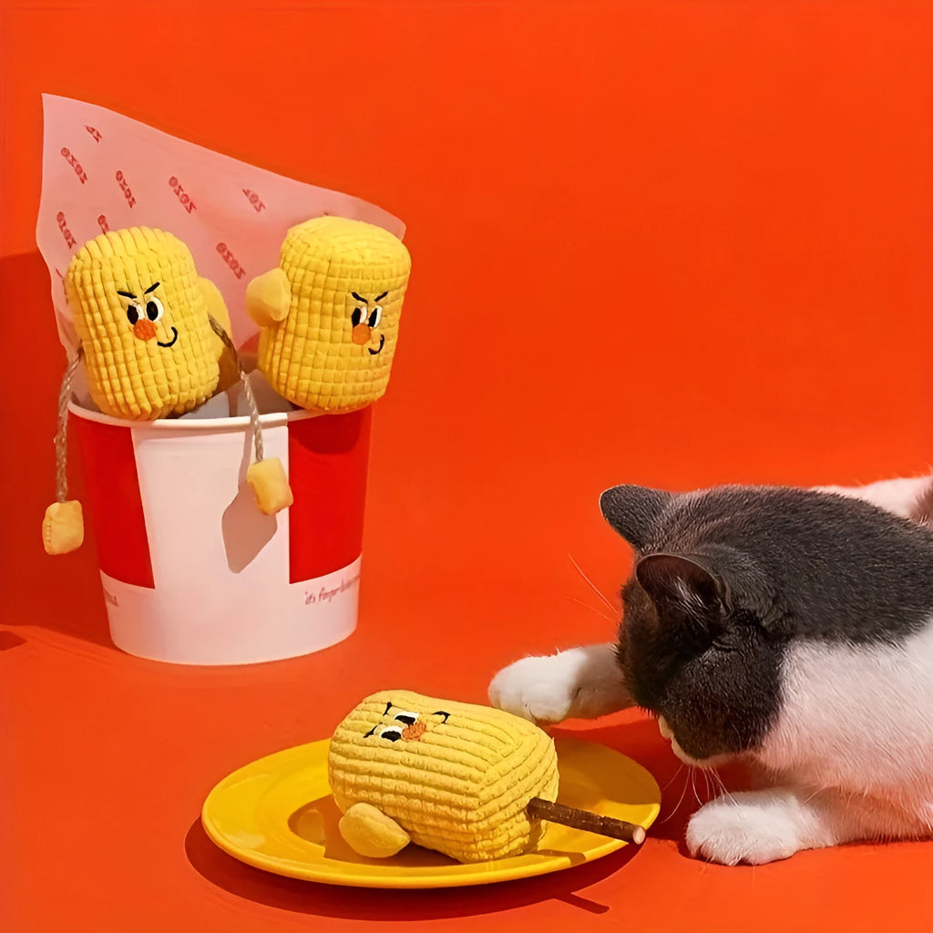 Corn cob shaped cat dental toy made from polio wood measuring 7cm by 6cm by 15cm