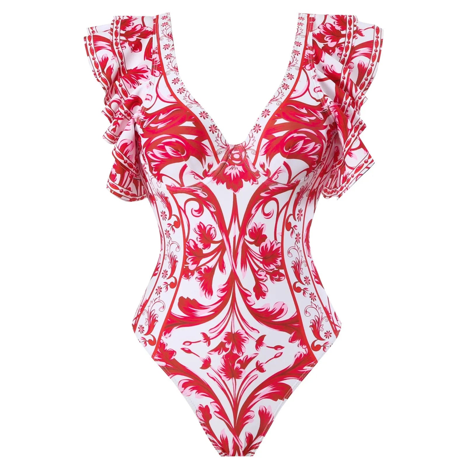 Women's printed one-piece swimsuit with matching cover-up skirt in rose pink.