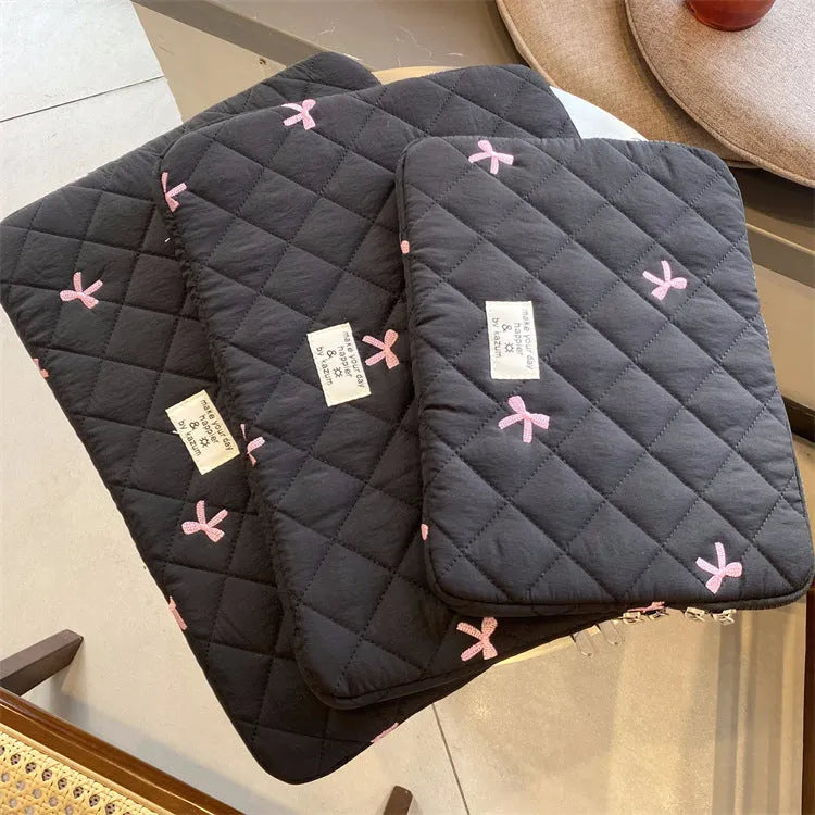 Cute rhombus embroidered bow nylon laptop storage bag in multiple colours and sizes