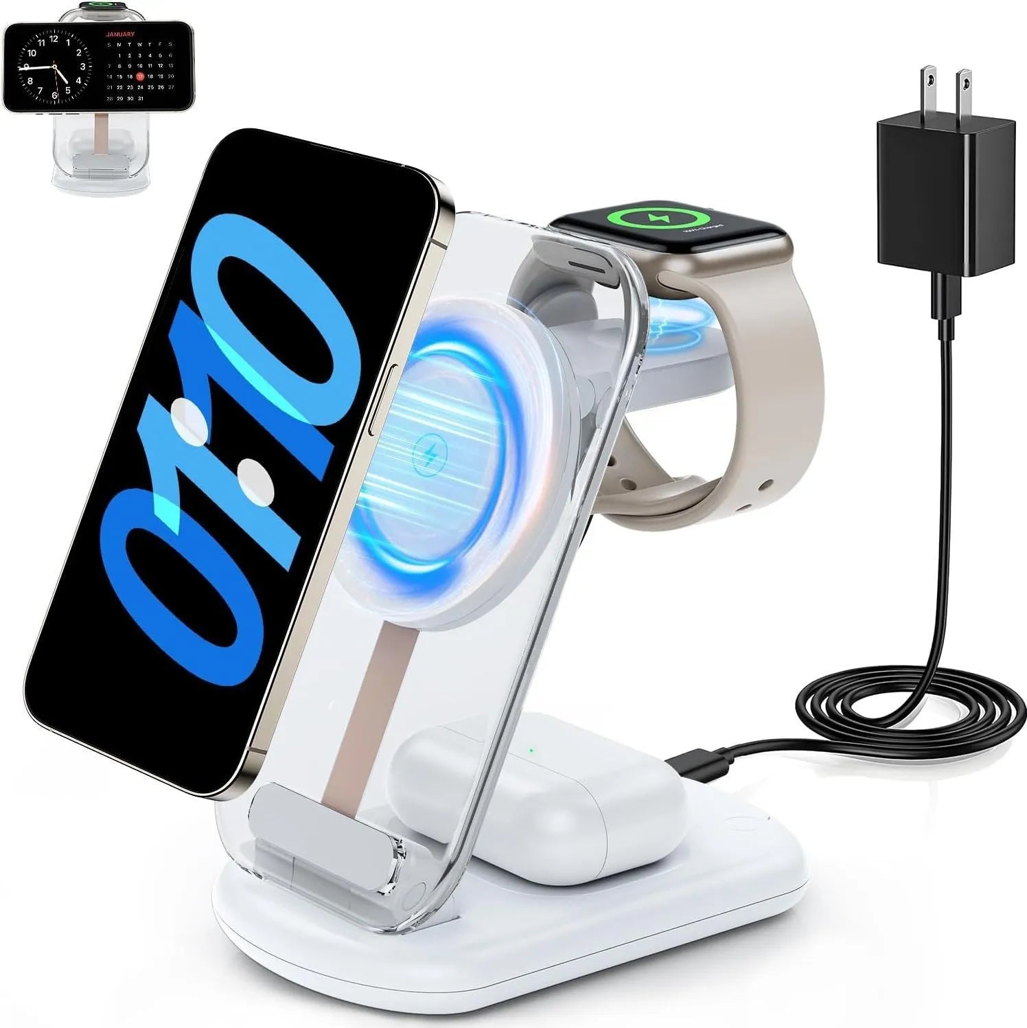 Transparent folding magnetic three-in-one wireless charger for iPhone, AirPods, and Apple Watch