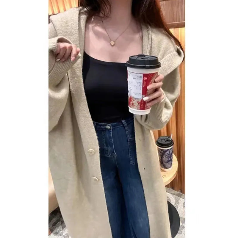 Korean style women's long hooded knit cardigan in oatmeal colour, loose fit.