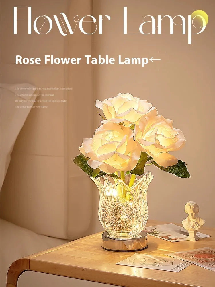Crystal flowers decorative table lamp with touch control dimming and rechargeable battery