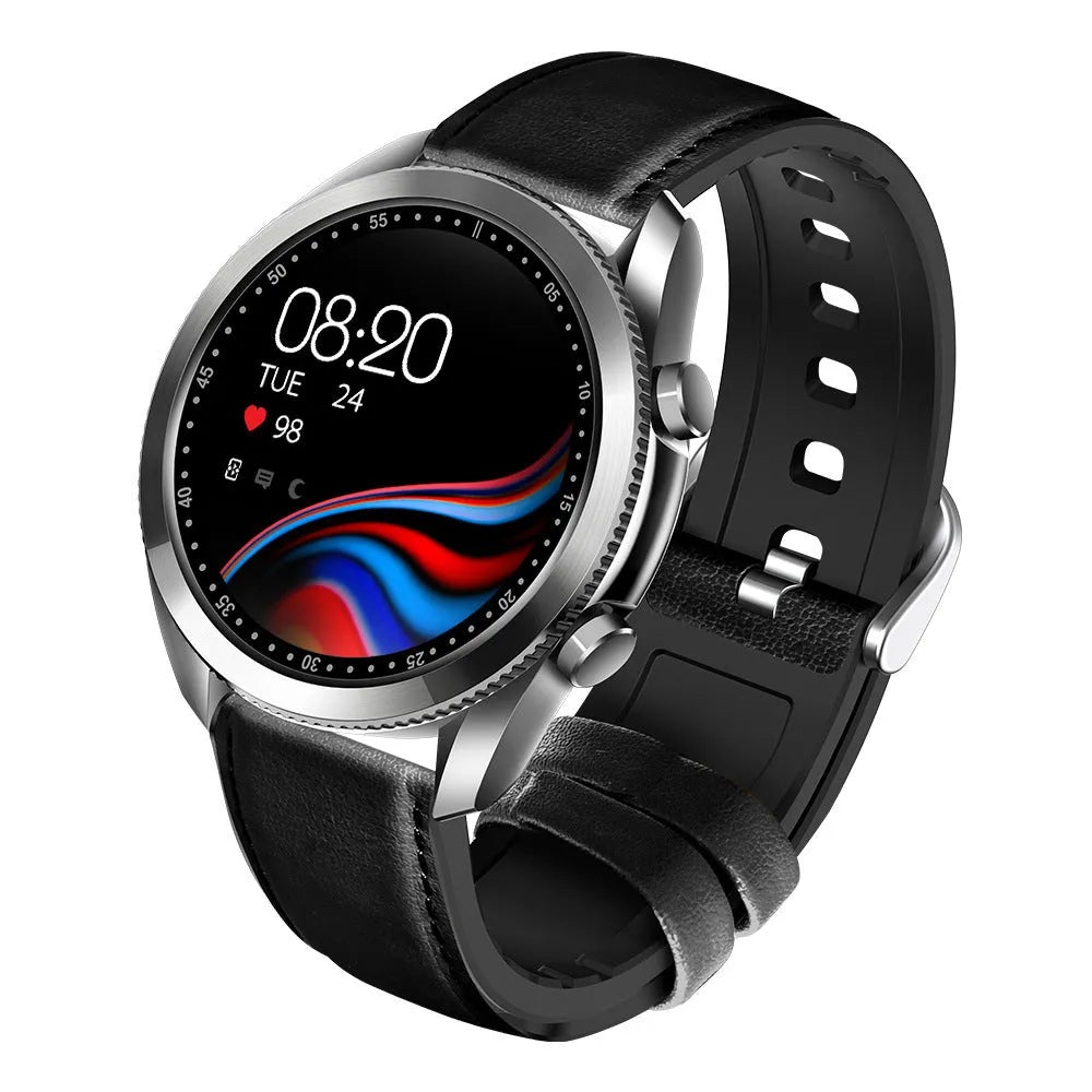 UM90 black smartwatch with large square screen and leather strap displaying heart rate data.