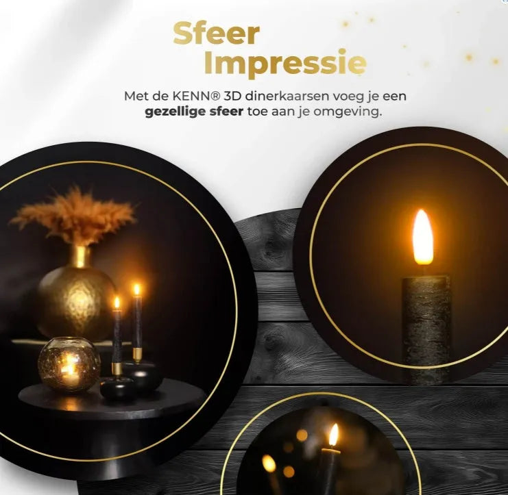 Set of four black LED taper candles with realistic 3D flame effect, measuring 18cm tall