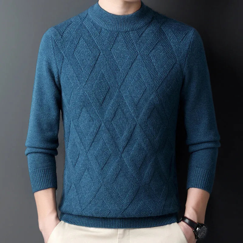 Men's winter thermal plus size sweater in wool blend with diamond jacquard texture