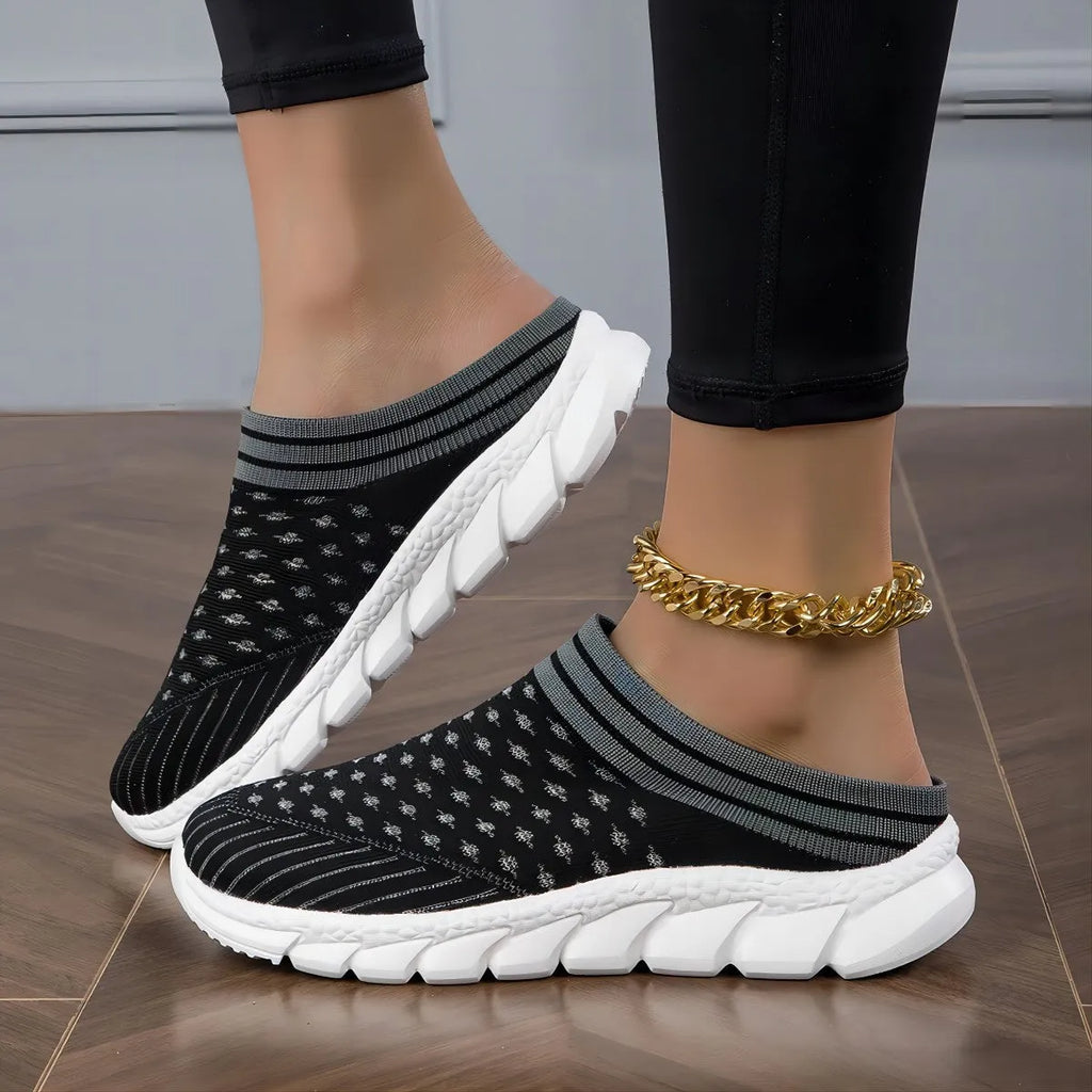 Women's striped flyknit socks semi slippers with hollowed-out design in black, pink and purple colours