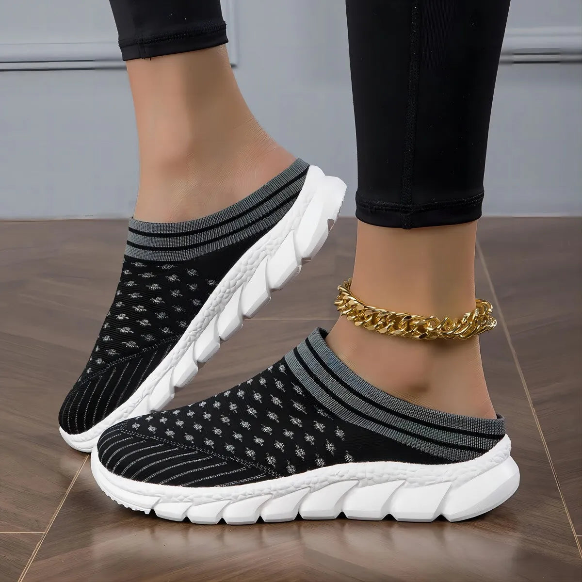 Women's striped flyknit socks semi slippers with hollowed-out design in black, pink and purple colours