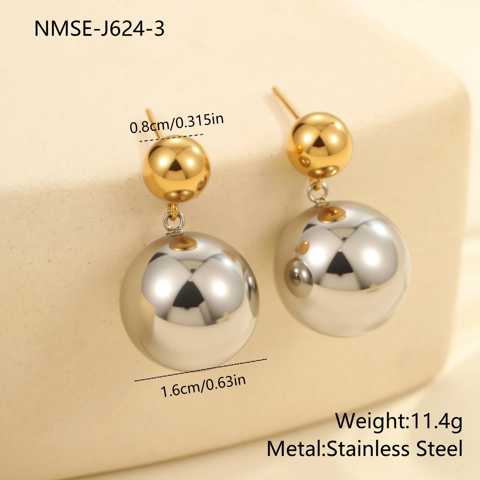 Round beads stainless steel colour-block ear studs with 18K gold electroplating