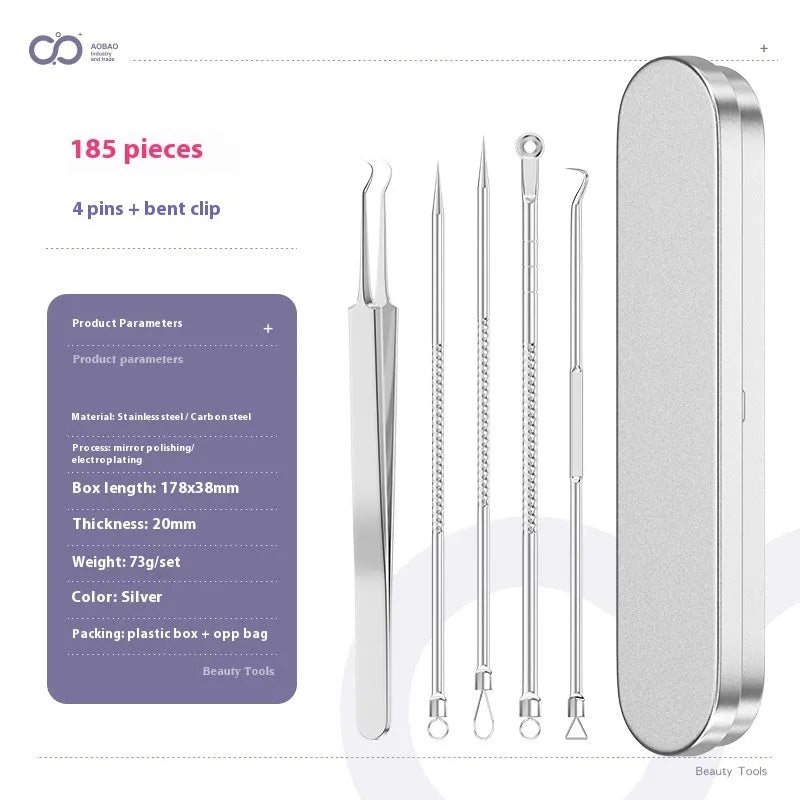 Four-piece metal acne needle set with ultra-fine pointed tips for blackhead removal