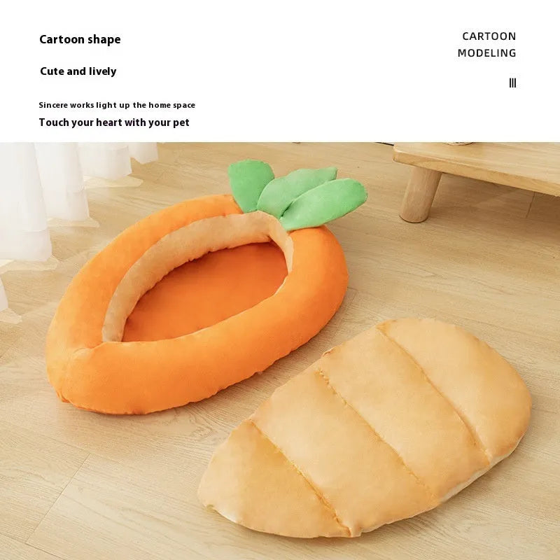 Carrot-coloured reversible cloth pet bed mat with cartoon carrot design, medium size