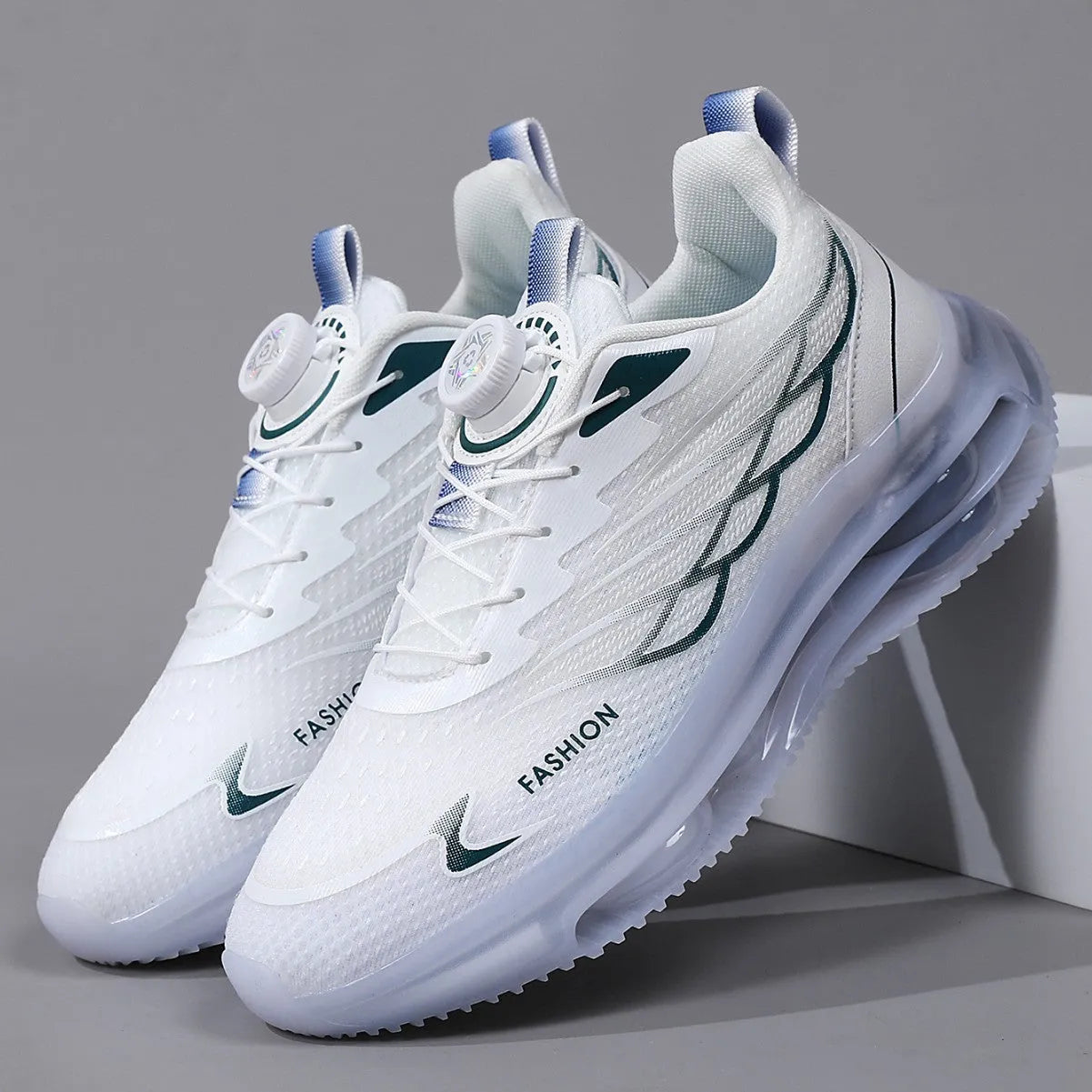 White rotating button sports shoes with mesh construction and rubber sole, showing lace-up front and Korean style design