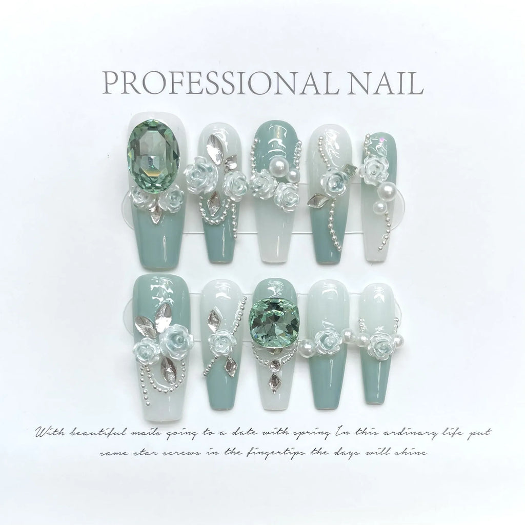 Green diamond camellia gradient chain gel nail armour suit with bow and butterfly patterns