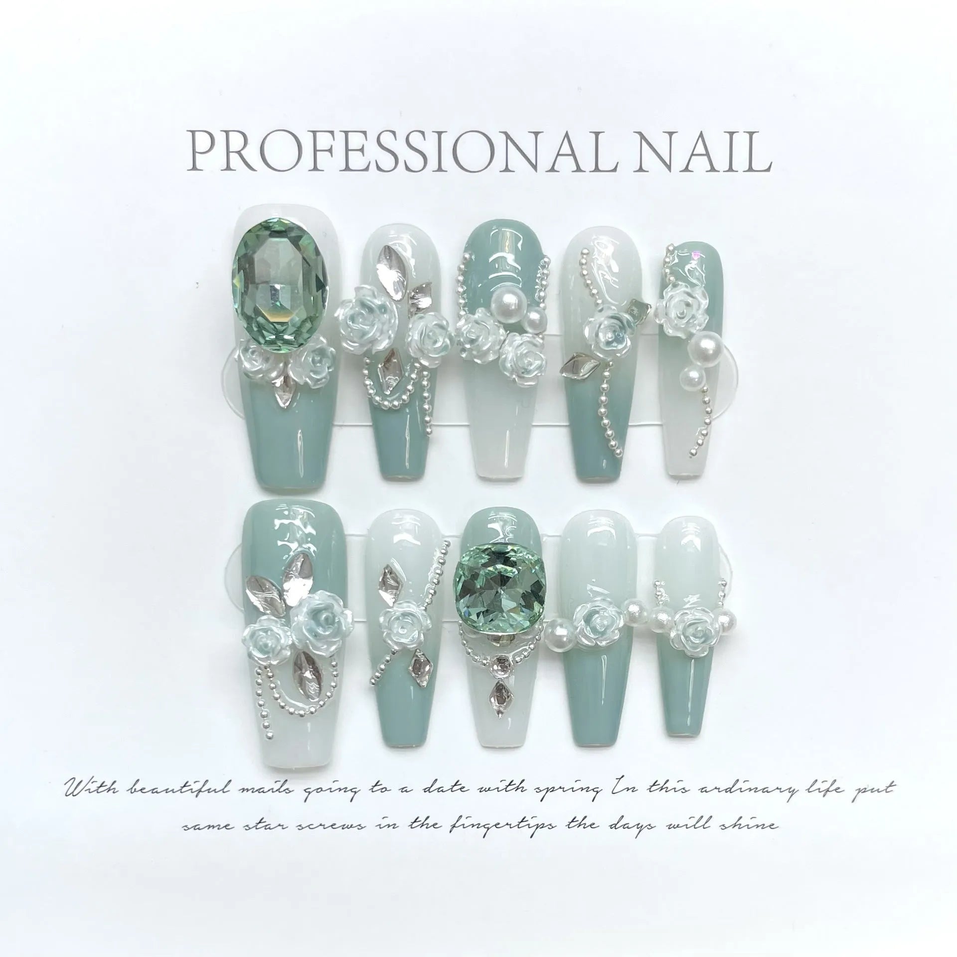 Green diamond camellia gradient chain gel nail armour suit with bow and butterfly patterns