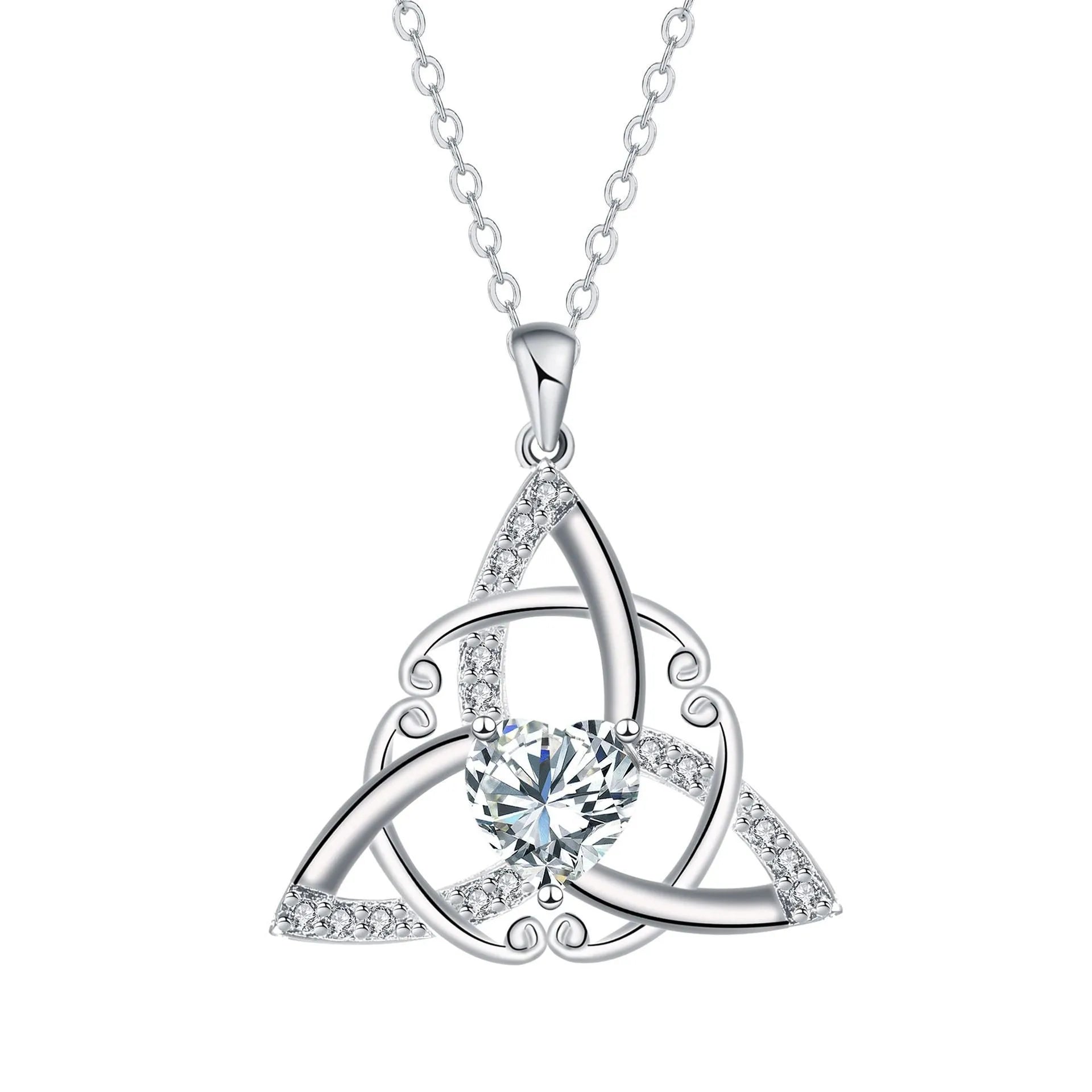 Close-up of a women's Celtic knot pendant necklace with geometric design in a choice of blue, lvzuan, red diamond or white diamond colour.
