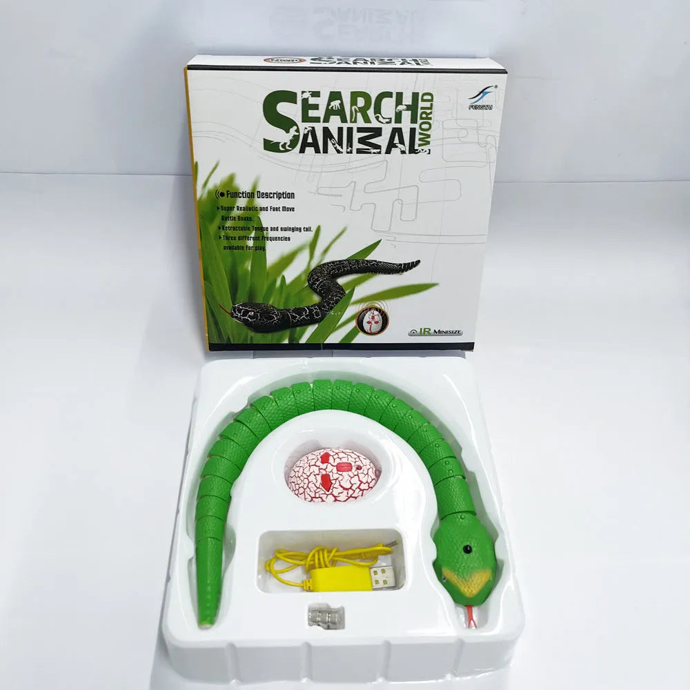 Automatic electronic snake cat toy with segmented plastic body on a floor.