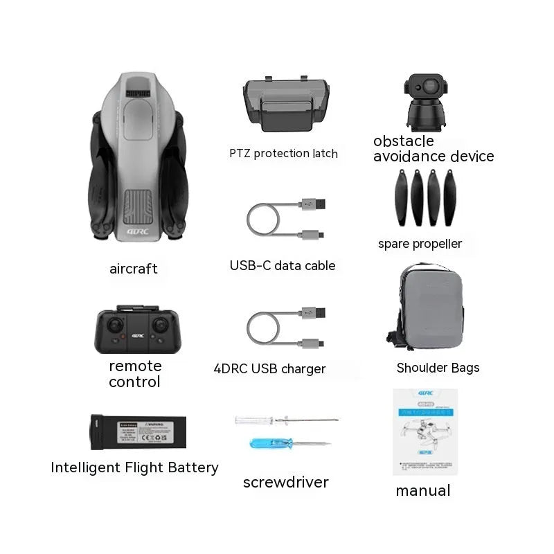 White foldable quadcopter drone with 4K camera and obstacle avoidance sensors, remote control, and batteries on a grey background.