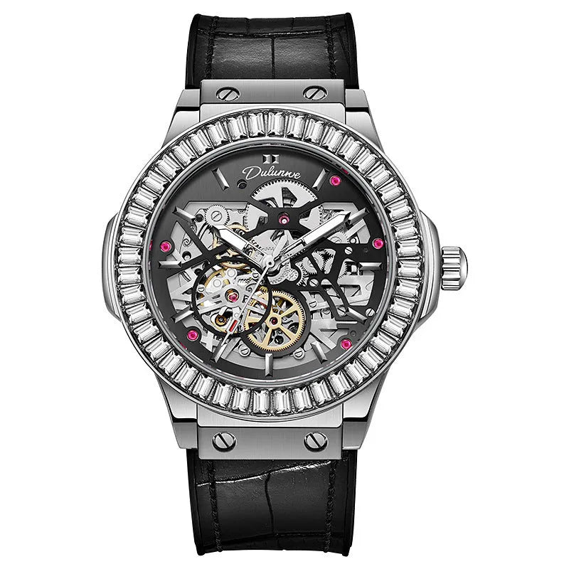 Men's automatic mechanical watch with hollow movement and diamond studs on white shell case with leather strap