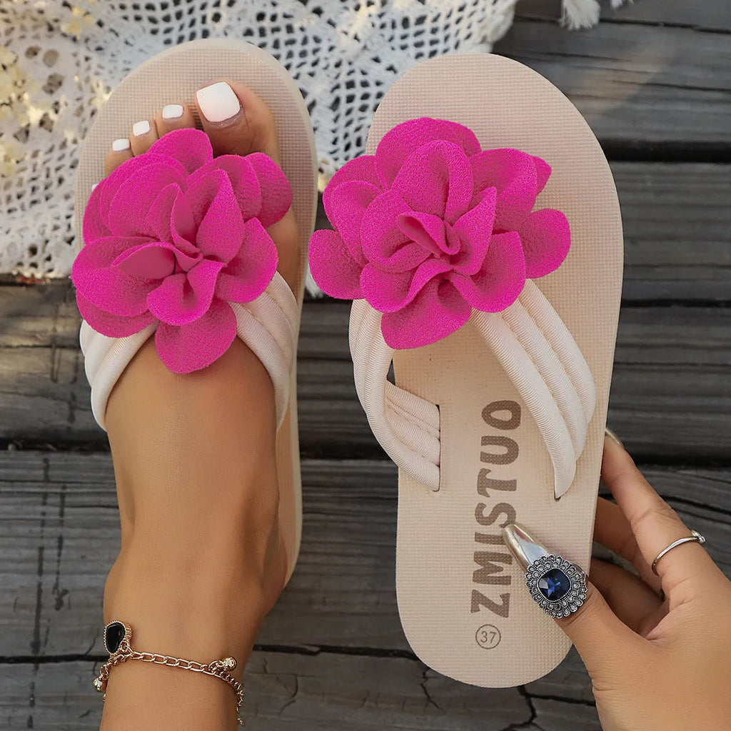 Plus size green PU slipper with round toe holder and flower strap, shown next to rose red and beige colour options.