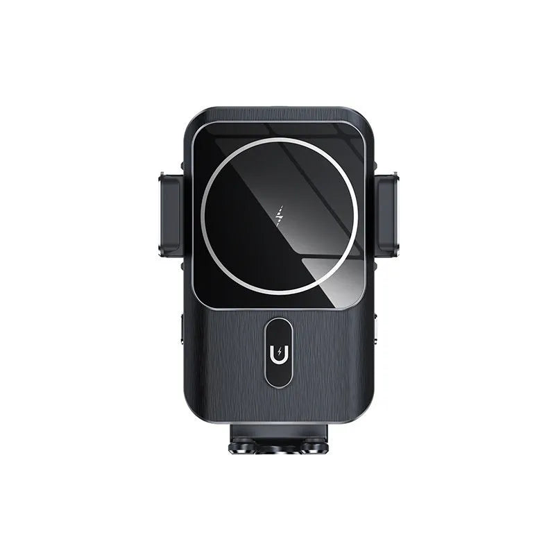 Black car wireless phone charger holder with 15W charging, showing both suction cup and clip mounting options