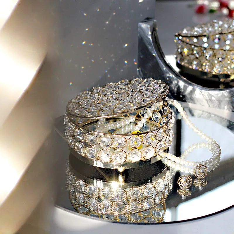 French gold European style jewelry storage box with crystal glass transparent panels and iron construction