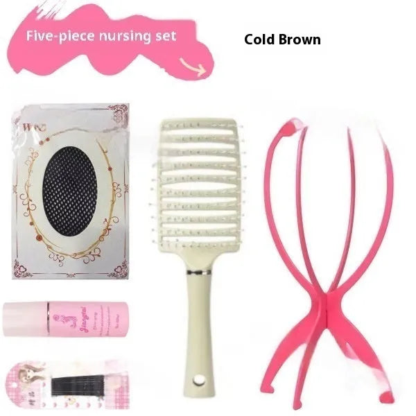 Full-head lace front wig with mid-length straight black hair displayed with styling accessories