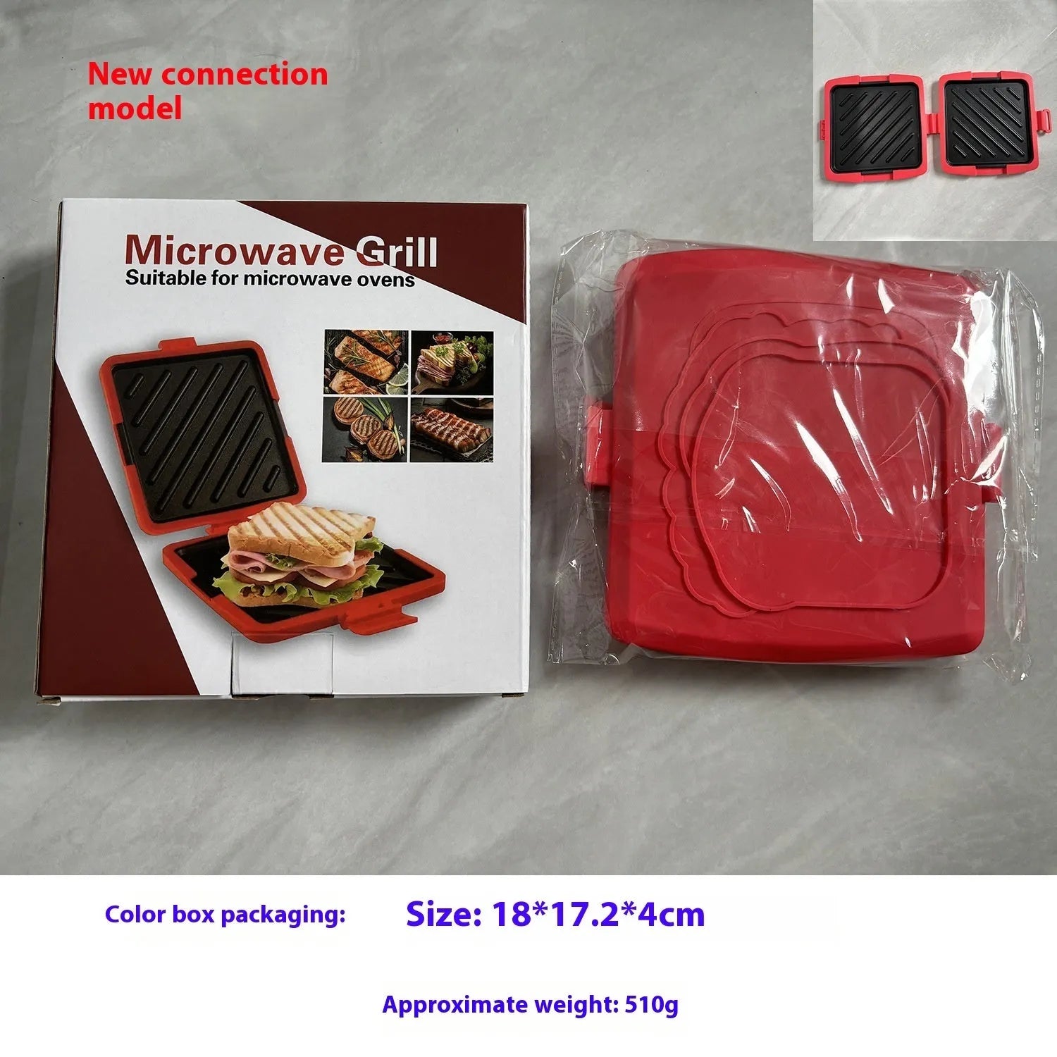 Red silicone baking tray with matching heat-resistant gloves on a kitchen counter.