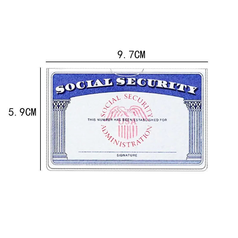 Transparent PVC social security card holder measuring 9.7 by 5.9 centimetres