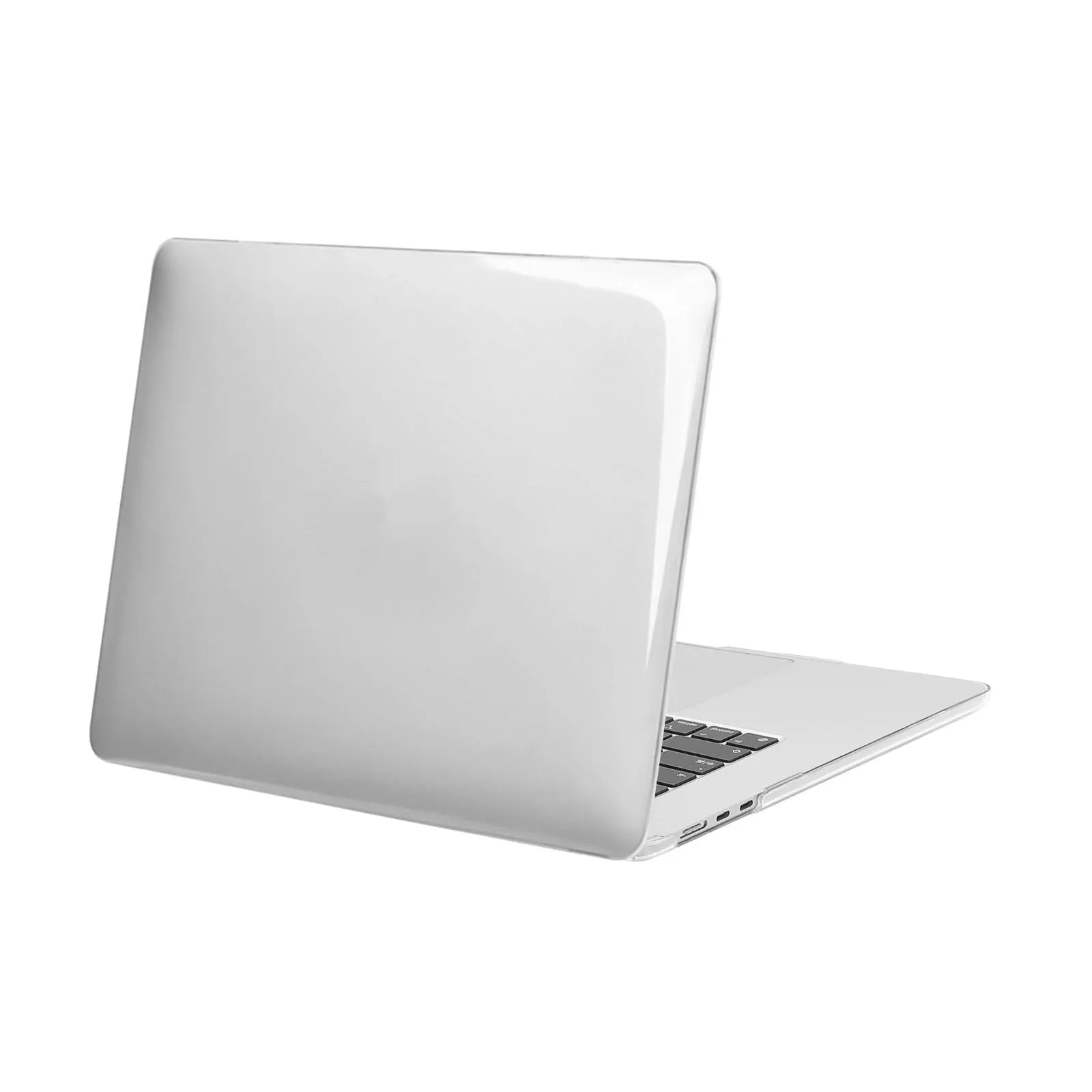 Transparent plastic hard shell protective case for a MacBook laptop on a table.