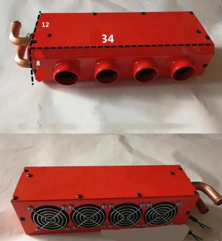 Metal car heater unit with copper pipe connections for 12V 24V auxiliary heating.