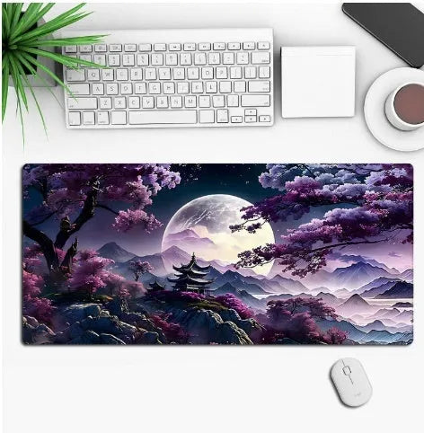 Anime pattern gaming mouse pad with non-slip rubber base on desk surface
