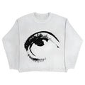 Organic cotton round neck hip hop pullover sweater in vibrant Eyes colour on street style model