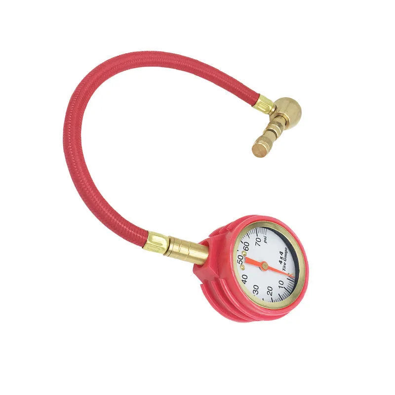 Red mechanical tyre pressure gauge with metal body and rubber shell, showing 0-5 BAR scale and deflation valve.