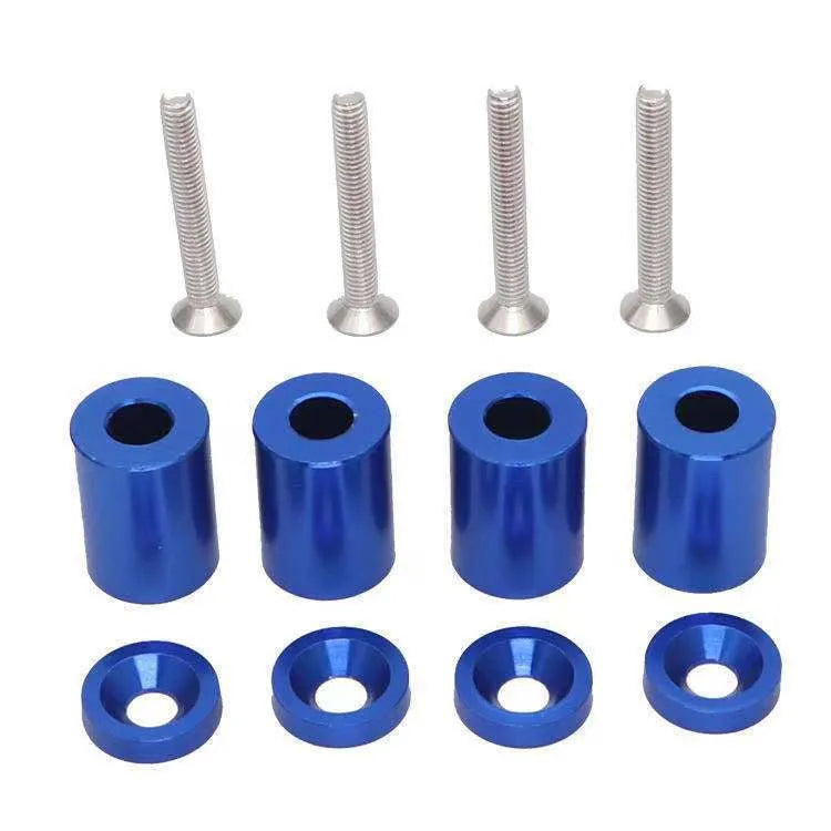 Aluminium machine cover pad height sheet with screws, nuts, and washers for car modifications in red, blue, and black.
