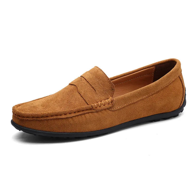 Men's suede leather Gommino casual shoes with flat rubber sole in black colour.